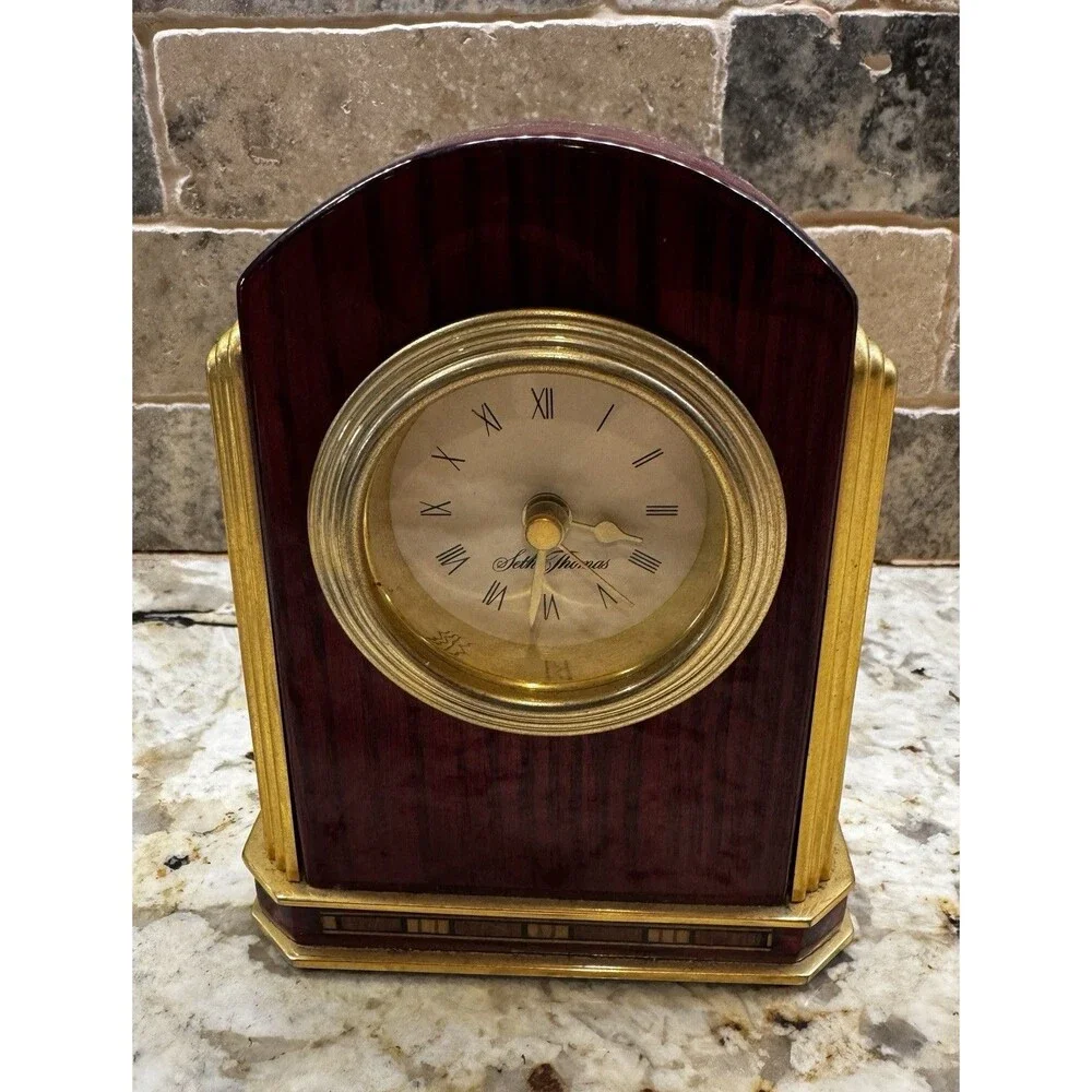 Seth Thomas Quartz Mantel Clock Wood Gold Tone Desk Office 5.5” Works
